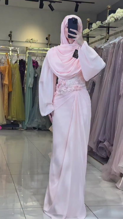 Embellished Draped Modest Evening Gown