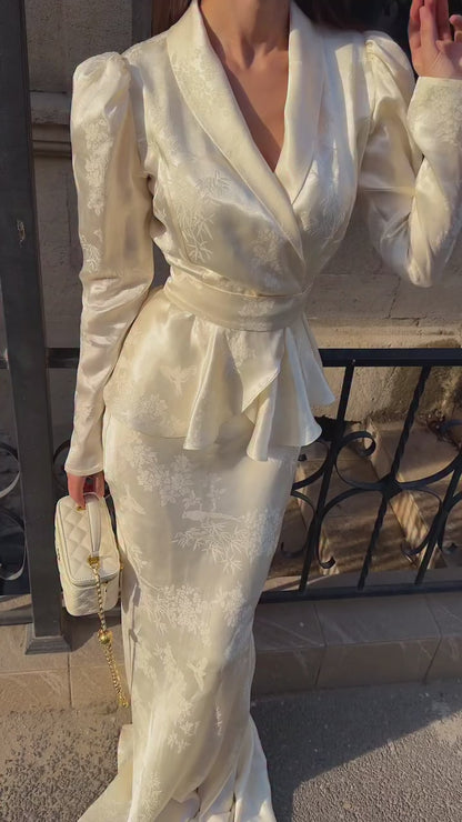 Jacquard Satin Peplum Long Sleeve Gown