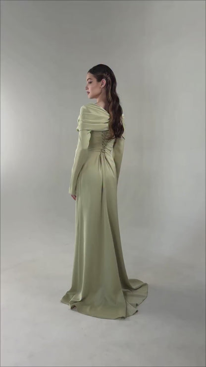 Off-the-Shoulder Satin Gown with Lace-Up Back