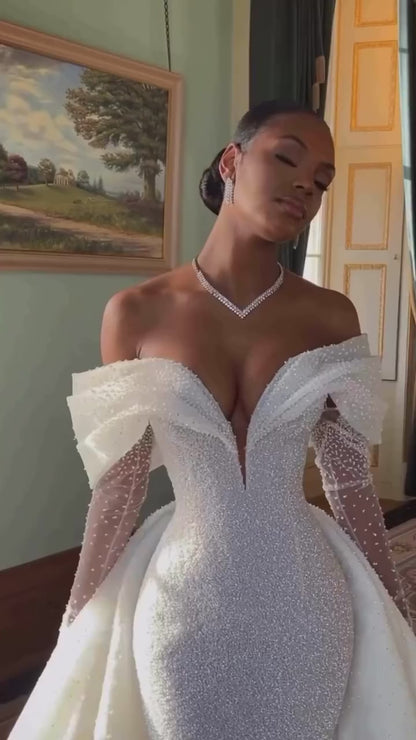 Sweetheart Long-Sleeves Fully Beaded Satin&Tulle Pleated Mermaid Wedding Dress