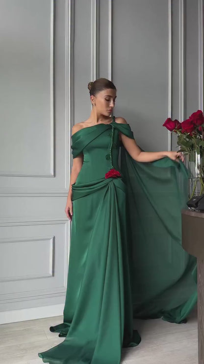 Bateau-Neck Sleeveless Sequined 3D-Floral Satin Pleated Floor-Length Mermaid Evening Dress