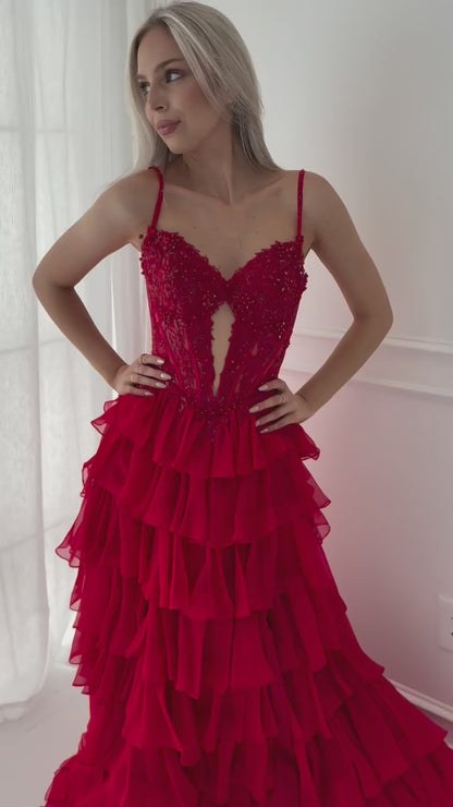 Off-Shoulder Beaded Applique Tiered Party Gowns V-Neck Spaghetti Straps Tulle Pleated A-Line Prom Dress