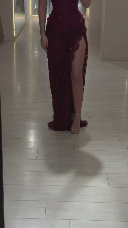 Sweetheart Long-Sleeves Fully Sequined Allover Lace Pleated High Slit Mermaid Formal Prom Dress