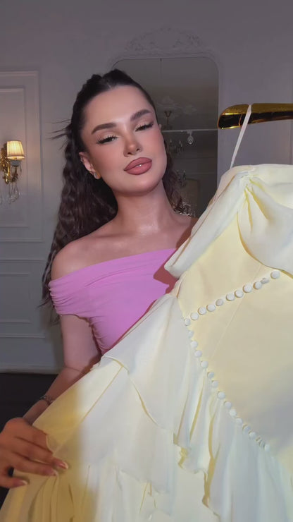 Off-the-Shoulder Tiered Chiffon Evening Gown
