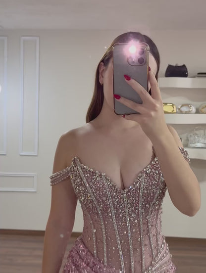 V-Neck Sleeveless Fully Sequined Beaded Rhinestone Tulle Pleated Mermaid Evening Dress