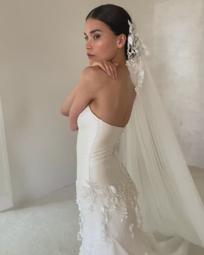 Strapless Satin and 3D Floral Trumpet Wedding Dress