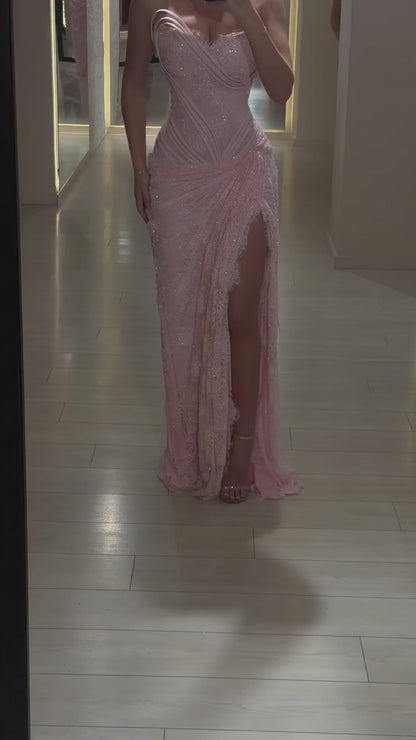 Sweetheart Long-Sleeves Fully Sequined Allover Lace Pleated High Slit Mermaid Formal Prom Dress