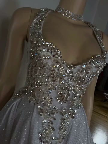 Glitter Halter Neck Beaded Homecoming Dress