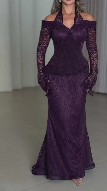 Halter-Sweetheart Long-Sleeves Formal Gowns Beaded Allover Lace Pleated Mermaid Evening Dress