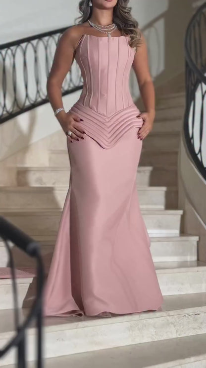 Bateau-Neck Long-Sleeves Satin Mermaid Evening Dress Beaded Sequined Applique Formal Gowns