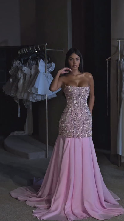 Bateau-Neck Off-Shoulder Rhinestone Party Gowns Sleeveless Pleated Chiffon A-Line Prom Dress