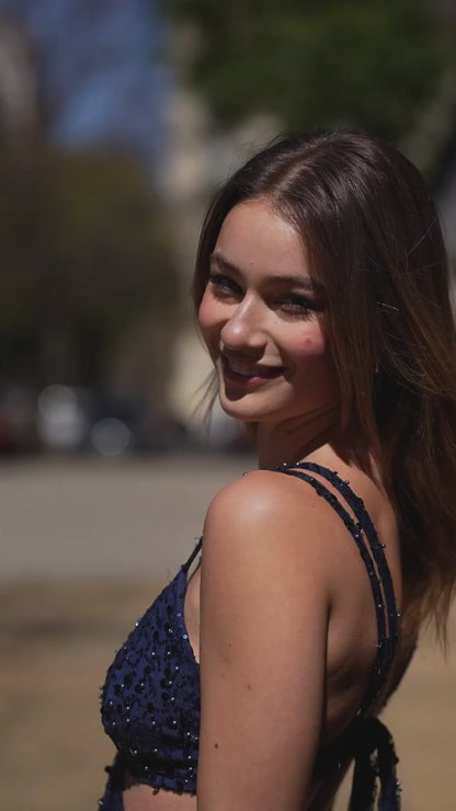 V-Neck Fully Sequined Beaded Slit A-Line Prom Dress Spaghetti Straps Sleeveless Party Gowns