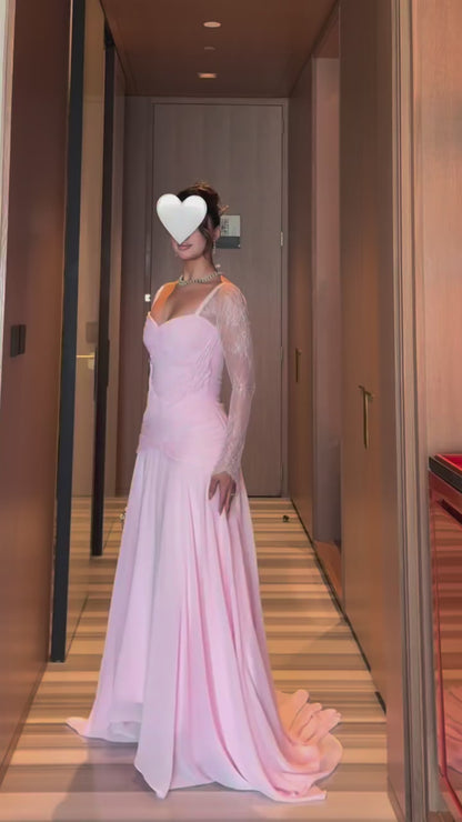 Sweetheart Long-Lace-Sleeves Chiffon Pleated Sheer Sweep Train A-Line Evening Dress