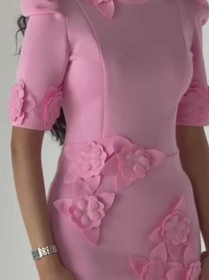 High-Neck Midi Dress with 3D Floral Appliques