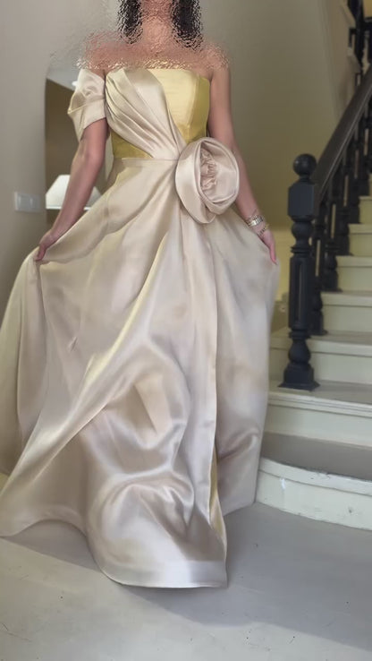 Tube Top Sleeveless Satin A-Line Evening Dress Floral Embellished Pleated Satin Formal Gowns