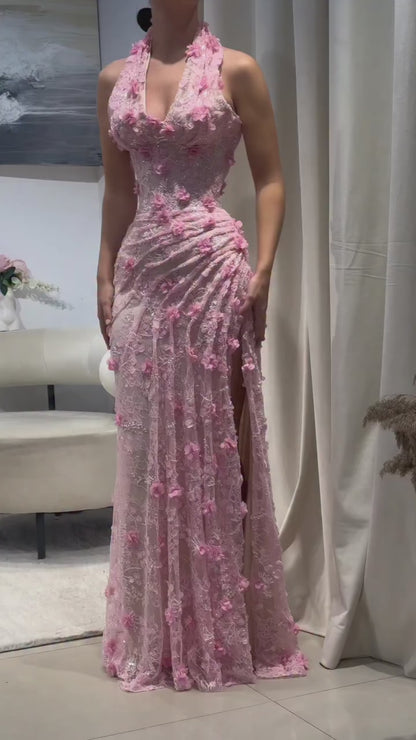 Halter V-Neck Sleeveless Floral Embellished Sequined Beaded Allover Lace Mermaid Prom Dress