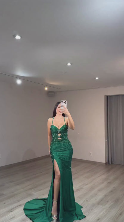 Spaghetti Straps Sweetheart Pleated Satin Mermaid Prom Dress Sequined Party Gowns with High Slit