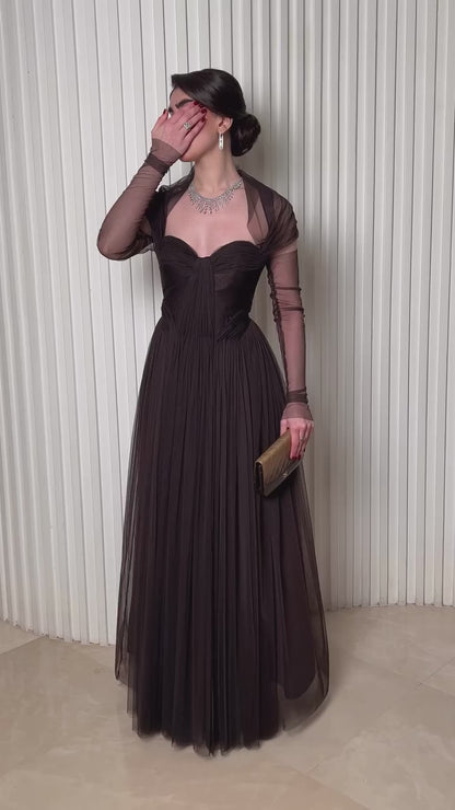 Sweetheart Long-Sleeves Floor-Length Tulle Pleated Sheer Simple A-Line Evening Dress