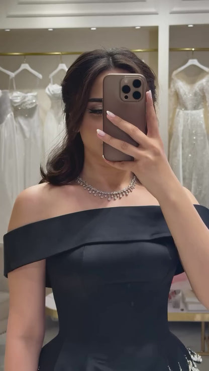 Bateau-Neck Off-Shoulder Satin Beaded Formal Gowns Sleeveless Two Tone Fitted Evening Dress