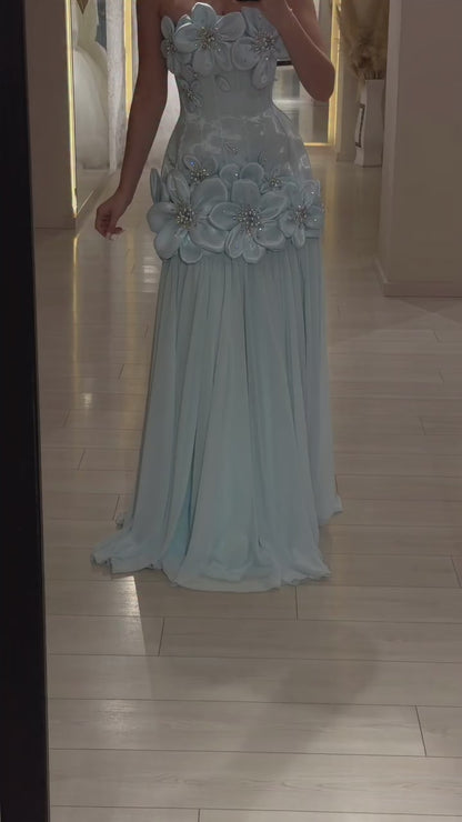 Strapless Corset Evening Gown with 3D Flowers