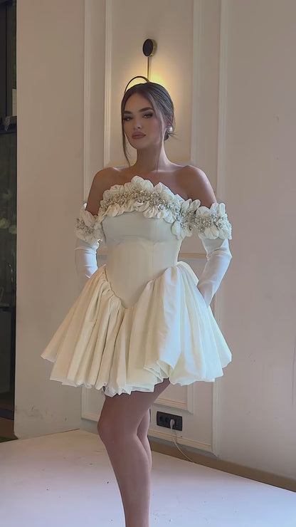 Tube Top Long-Sleeves Short A-Line Wedding Dress Floral Embellished Beaded Pleated Satin Bride Gowns