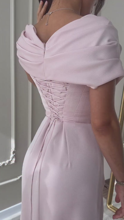Off-the-Shoulder Satin Gown with Lace-Up Back