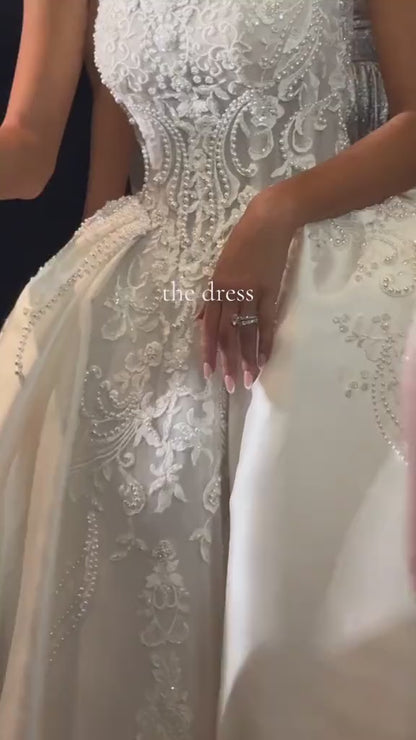 Bateau-Neck Sleeveless Beaded Lace Applique Satin Pleated A-Line Wedding Dress