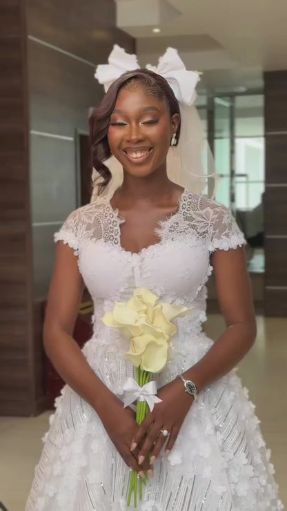 Sweetheart Cap-Sleeves Sequined 3D-Floral Lace Pleated Tea-Length A-Line Wedding Dress