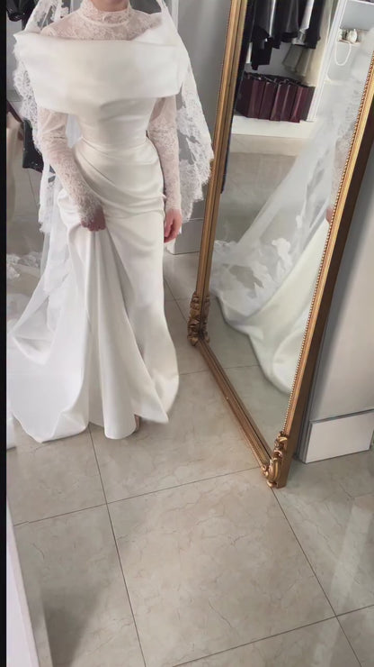 High Neck Satin Trumpet Wedding Dress with Lace Sleeves