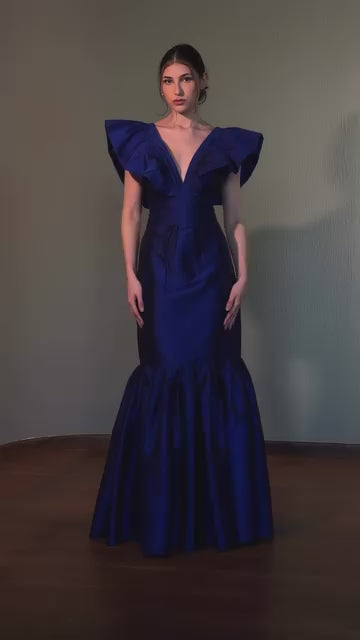 V-Neck Cap-Sleeves Pleated Satin Floor-Length Simple Trumpet Mermaid Evening Dress