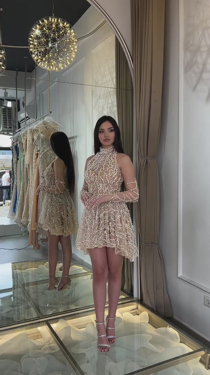 Halter-Neck Off-Shoulder Sleeveless Pleated Fully Pearls A-Line Homecoming Dress with Gloves