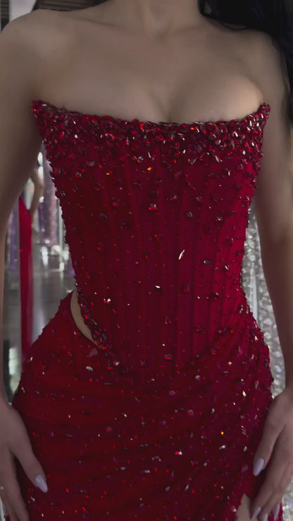 Tube Top Off-Shoulder Sleeveless Rhinestone Fully Sequined Beaded Pleated Mermaid Prom Dress