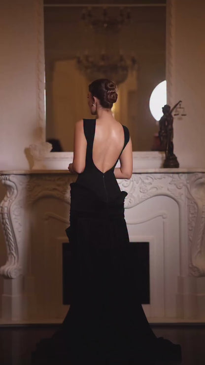 Simple Off-Shoulder Sleeveless Satin Pleated Mermaid Evening Dress with High Slit