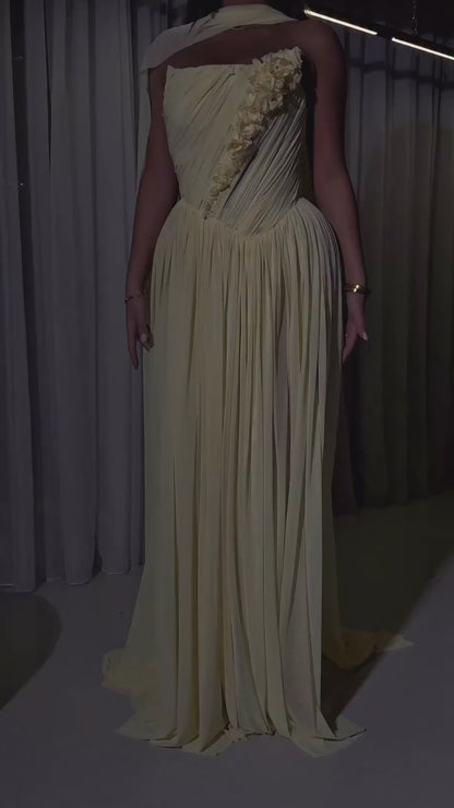 Bateau-Neck Off-Shoulder Pleated Chiffon Party Gowns Floral Embellished A-Line Prom Dress