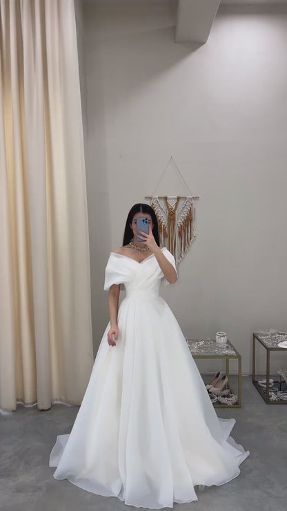 V-Neck Cap-Sleeves Chiffon Pleated Simple A-Line Wedding Dress with Train