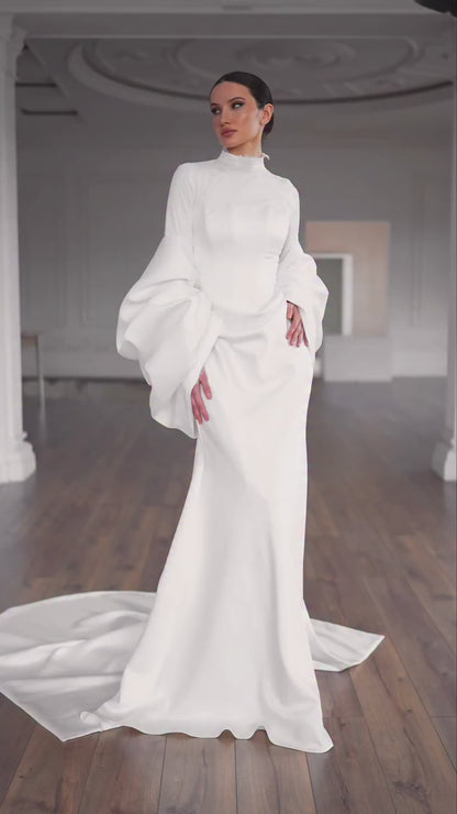 High Neck Satin Wedding Dress with Dramatic Bow