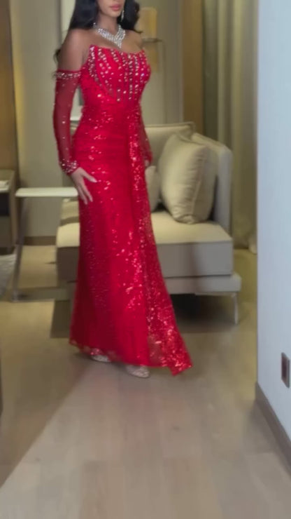 Bateau-Neck Long-Sleeves Fully Rhinestone Sequined Beaded Tulle Pleated Mermaid Prom Dress