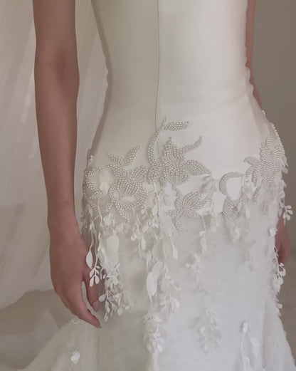 Strapless Satin and 3D Floral Trumpet Wedding Dress