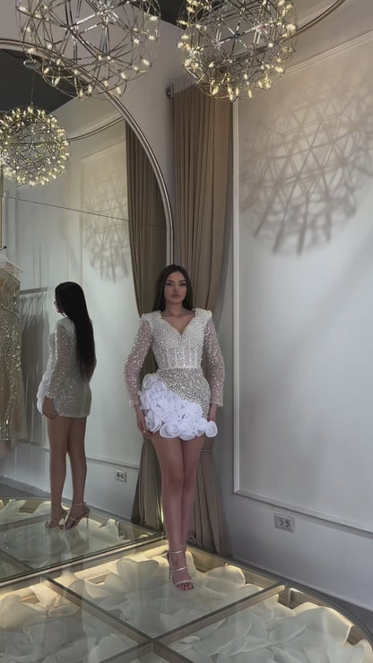 V-Neck Long-Sleeves Pleated Floral Embellished Fully Pearls Mermaid Homecoming Dress