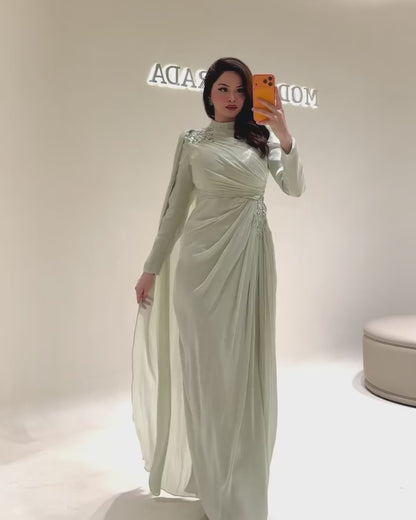 High-Neck Long-Sleeves Rhinestone Beaded Chiffon Pleated Floor-Length Fitted Evening Dress
