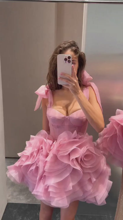 Sweetheart Bows-Straps Sleeveless Tulle Tiered Short A-Line Party Homecoming Dress