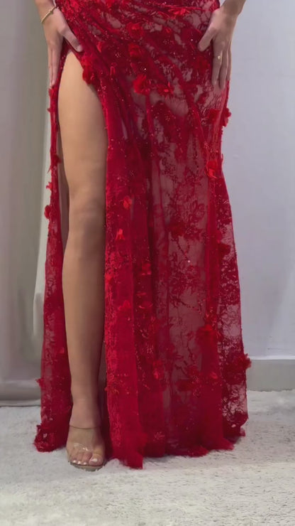 Halter V-Neck Sleeveless Floral Embellished Sequined Beaded Allover Lace Mermaid Prom Dress