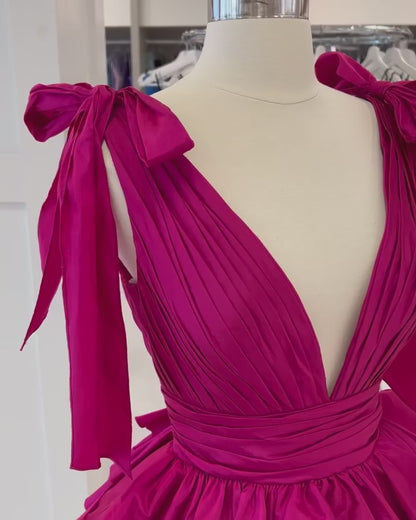 Deep V-Neck Bows-Straps Sleeveless Pleated Satin Tiered A-Line Party  Homecoming Dress