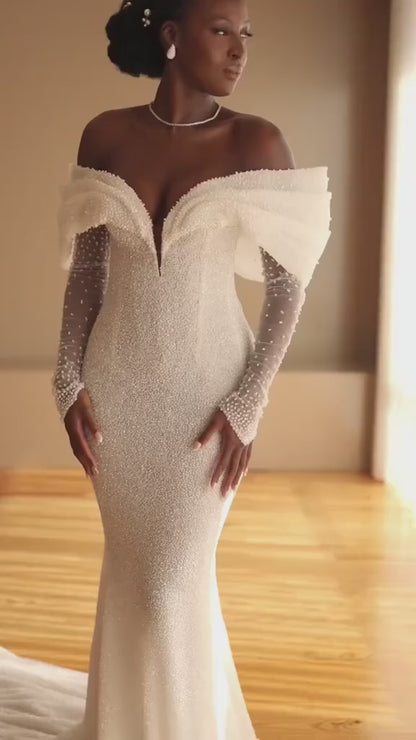 Sweetheart Long-Sleeves Fully Beaded Satin&Tulle Pleated Mermaid Wedding Dress