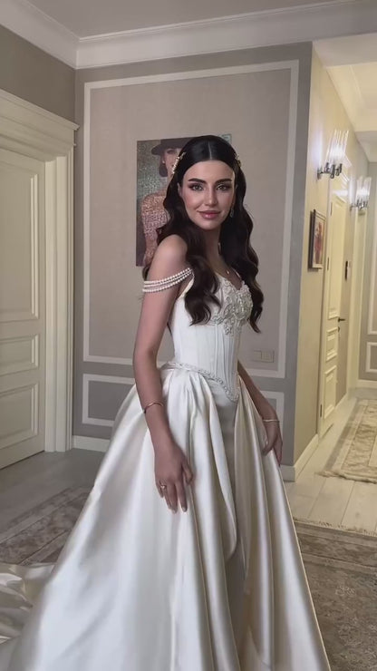 Sweetheart Sleeveless Beaded Sequined Satin Pleated A-Line Wedding Dress with Train