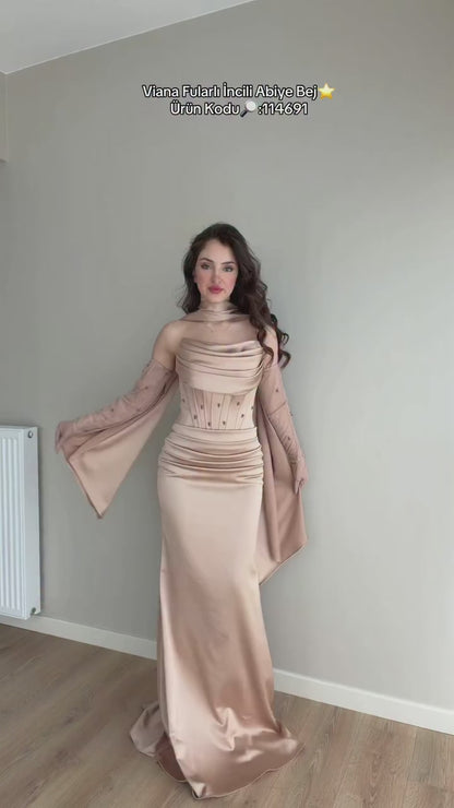 Tube Top Off-Shoulder Floor-Length Beaded Satin Pleated Mermaid Prom Dress with Gloves