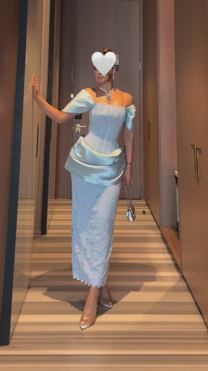 Bateau-Neck Cap-Sleeves Lace&Satin Pleated Ankle-Length Mermaid Evening Dress with Slit