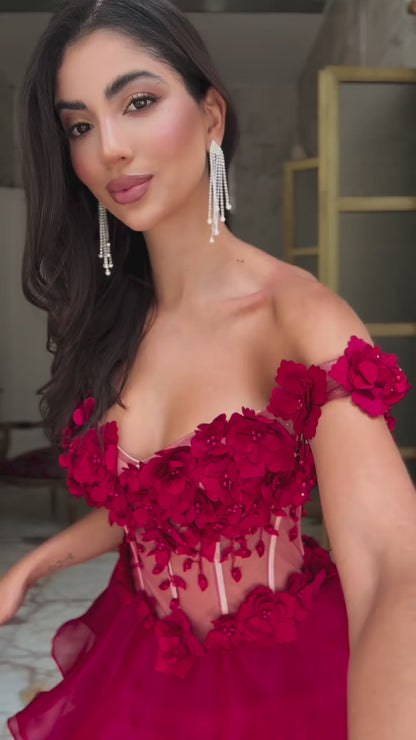 Sweetheart Floral Embellished Party Gowns Beaded Pleated Chiffon Tiered A-Line Prom Dress