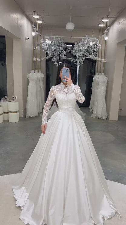 High-Neck Long-Sleeves Beaded Lace Applique Tulle&Satin Pleated A-Line Wedding Dress