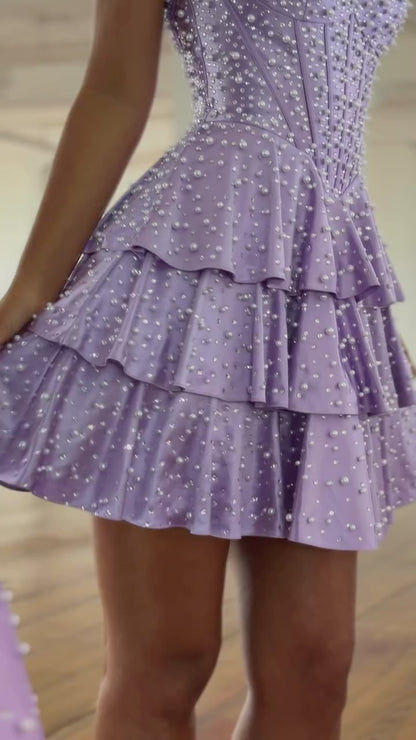 Pearl Halter Corset Tiered Ruffle Mini Dress